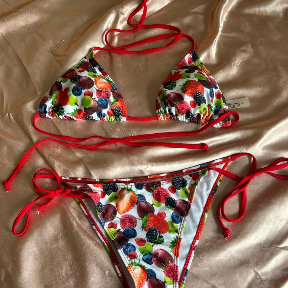 Fruit Print Bikini with Red Straps